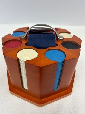 Vintage solid cherry wood 8 sleeve 2 deck poker chip set by Michael Graves